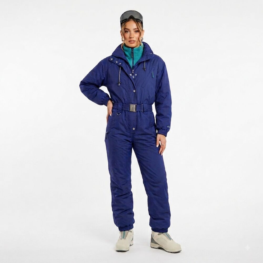 Killy VTG 80s 90s Blue Teal Zip Front Hooded Belted Outdoor Snowsuit One Piece